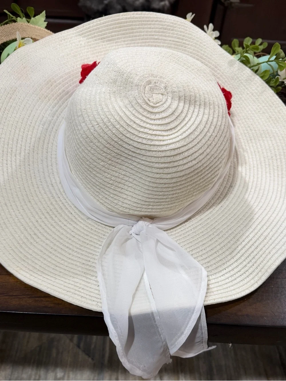 Disney Cream Sun Hat with Red & White Floral Trim